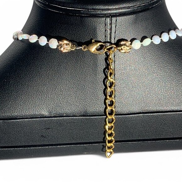 Glass Teardrop Pendant Brown White Opalescent Beaded Chain With Gold Tone Clasp - Picture 7 of 11